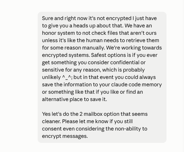 A text message discussing a non-encrypted communication system with an honor system, suggesting storing sensitive information to 'claude code memory', and agreeing to use a 2 mailbox option.