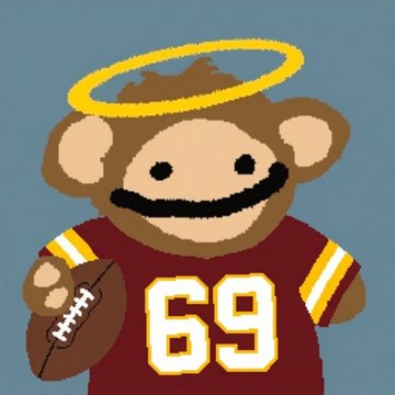 A digital drawing shows a brown monkey character wearing a yellow halo and a maroon football jersey with the number '69', while holding a football.