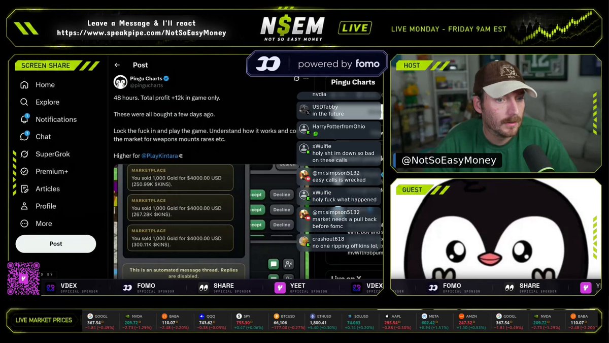 The image depicts a screenshot of an online coin-based video game called NSEM or Minecraft Online Stats. The main focus of this screenshot is a man standing next to a penguin, which can be seen as a character icon within the game's interface. A text overlay on the screen provides information about the game and its rules. It mentions that the player has sweeped 30,000 gold and had it drop to almost $5 a piece just moments after entering it. Furthermore, there is a discussion thread where people are panic-selling the game and its coins due to an economic crash within the game's economy. The image focuses on these key elements while also highlighting the primary character involved in the game: the man standing next to the penguin.