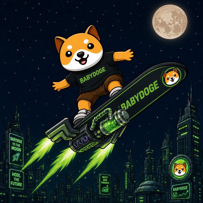 A cartoon Shiba Inu dog wearing a "BABYDOGE" shirt rides a rocket-powered skateboard labeled "BABYDOGE" over a neon-lit futuristic cityscape with billboards reading "BABYDOGE TO THE MOON" and "HODL THE FUTURE," soaring toward a full moon—perfectly capturing the post's sentiment that $BABYDOGE is the currency of the future.