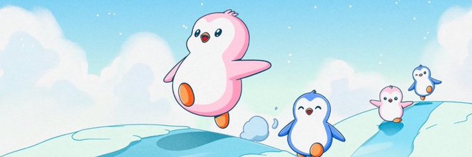 A group of cute, cartoon-style penguins waddling and sliding across a snowy, icy landscape under a soft blue sky. The banner features no text, and its playful penguin artwork visually represents the Solana token $POLLY, fitting the whimsical, community-driven aesthetic often seen in meme token branding on Moby.