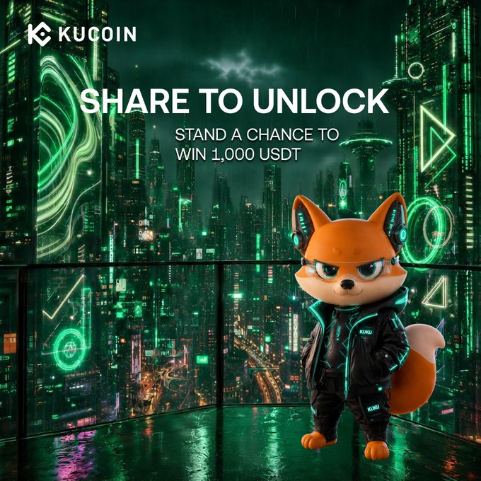 A KuCoin mascot—a fox in a futuristic jacket with headphones—stands in a neon-green cyberpunk cityscape under the headline "SHARE TO UNLOCK: STAND A CHANCE TO WIN 1,000 USDT." The image visually reinforces the crypto campaign's futuristic "KuKu Universe" theme, inviting users to participate and complete a $100 USDT Futures trade for a shot at the prize.