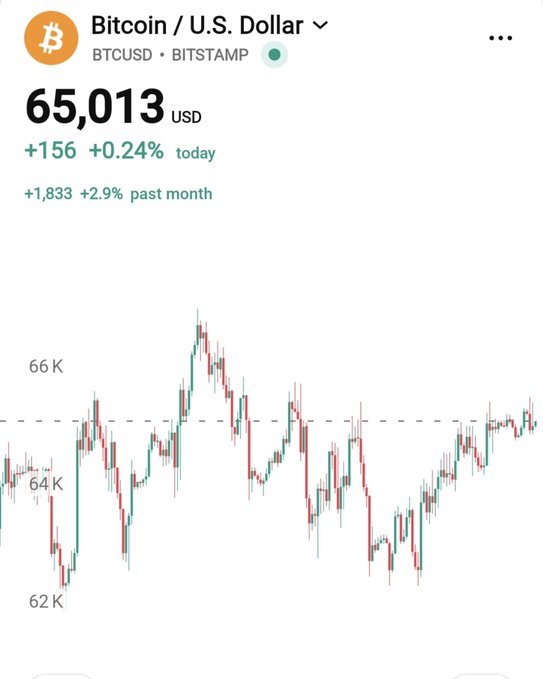 A cryptocurrency price chart displaying Bitcoin (BTCUSD on BITSTAMP) at $65,013 USD, up +$156 (+0.24%) today and +$1,833 (+2.9%) past month, showing recent price action between 62K and 66K.