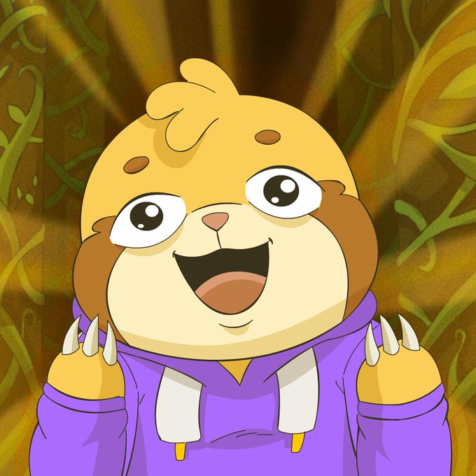 An animated cartoon character of a happy hamster or similar animal wearing a purple hoodie with claws, set against a green vine background.