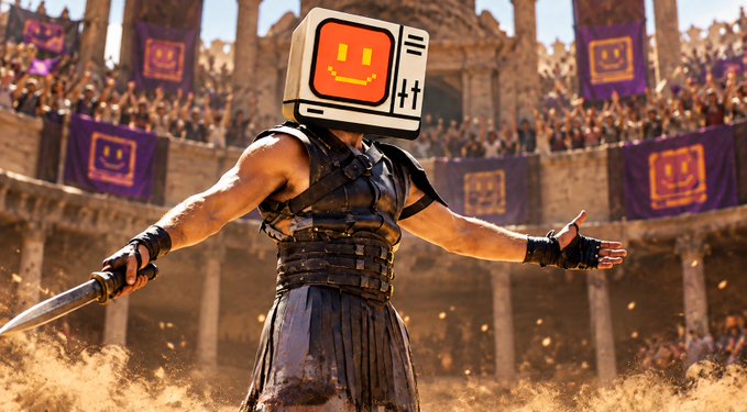 A gladiator with a retro TV/computer monitor for a head displaying a smiley face stands in a Roman colosseum holding a dagger, with crowd banners bearing similar smiley faces.