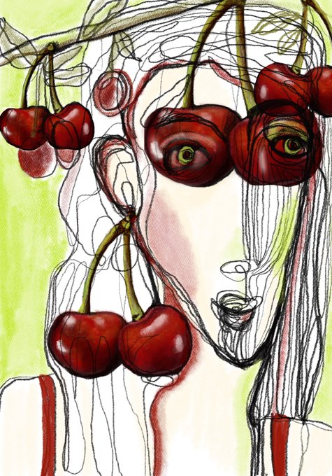 A surreal mixed-media illustration featuring two overlapping female faces rendered in sketchy black lines, with clusters of glossy red cherries hanging like ornaments. The cherries partially obscure the figures' eyes, blending organic fruit forms with human features against a soft green and pink watercolor background.