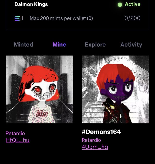 A screenshot of a 'Daimon Kings' NFT minting interface showing 'Active' status, 'Max 200 mints per wallet', with two chibi-style demon character NFTs displayed in the 'Mine' tab.