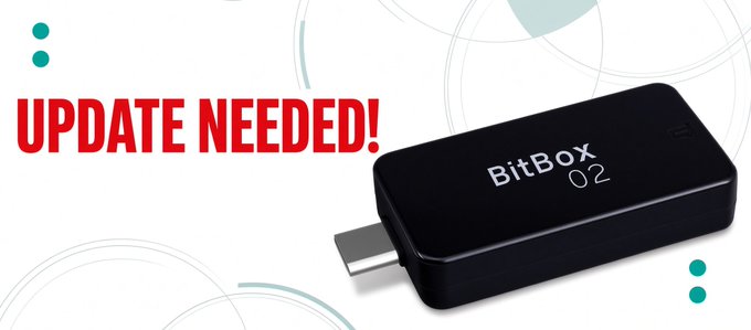 A black BitBox 02 hardware wallet is displayed next to bold red text reading "UPDATE NEEDED!", visually emphasizing the call to action in the accompanying post about the medium-risk software update for BitBox wallet users.