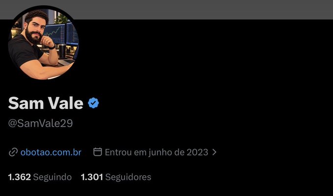 A Twitter/X profile page for 'Sam Vale' (@SamVale29) with a verified blue badge, showing a bearded man as the avatar, a link to obotao.com.br, joined June 2023, and 1,362 Following / 1,301 Followers.