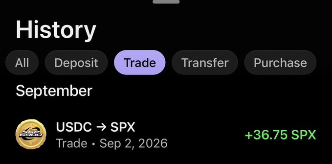 A trading history screen shows a single September transaction in which USDC was swapped for +36.75 SPX (SPX6900) on Sep 2, 2026, illustrating the post's transition to a daily dollar-cost averaging strategy into SPX6900.