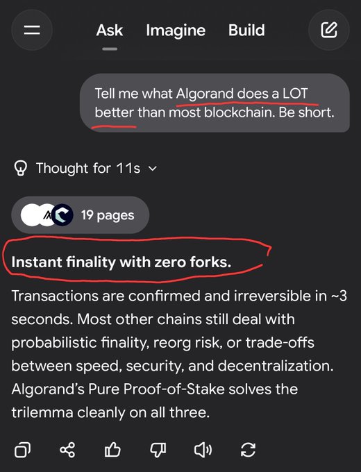 Screenshot of an AI chat interface responding to the question "Tell me what Algorand does a LOT better than most blockchain. Be short." with the highlighted answer "Instant finality with zero forks."