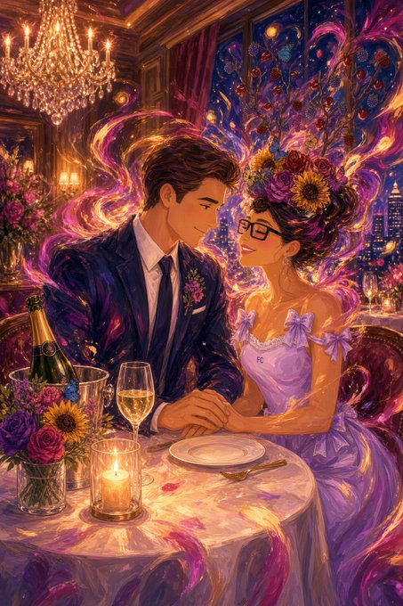 A romantic digital illustration of a man and woman in formal attire gazing at each other at a candlelit dinner, with a 'FC' visible on her dress.