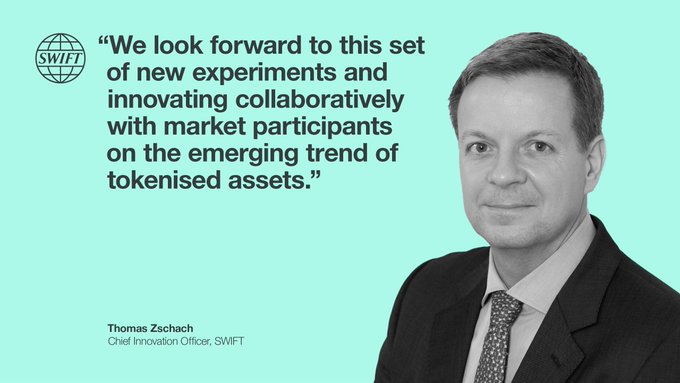 A promotional graphic featuring SWIFT Chief Innovation Officer Thomas Zschach alongside a quote: "We look forward to this set of new experiments and innovating collaboratively with market participants on the emerging trend of tokenised assets." The image ties to the post by highlighting SWIFT's collaboration with Clearstream, the same entity now offering regulated custody for XRP across its 60+ market post-trade infrastructure.