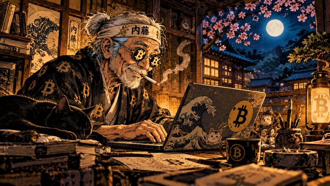 A stylized illustration depicts an elderly Japanese man in a kimono adorned with Bitcoin logos, smoking a cigarette while working on a Bitcoin-branded laptop alongside a sleeping black cat under a moonlit sky with cherry blossoms.