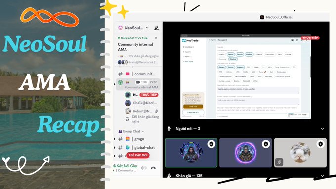 A digital composite showing a Telegram 'AMA Recap' for 'NeoSoul Official' on the left alongside screenshots of the corresponding chat interface and video call participants.