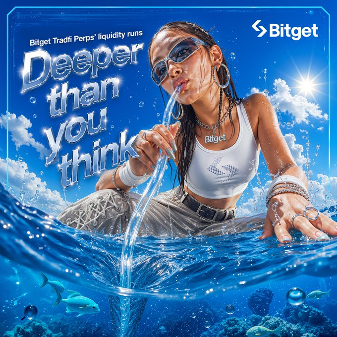 Bitget cryptocurrency advertisement featuring a woman in sunglasses drinking water from a straw, with the tagline 'Deeper than you think' and 'Bitget TradFi Perps' liquidity runs' against a bright blue ocean background.