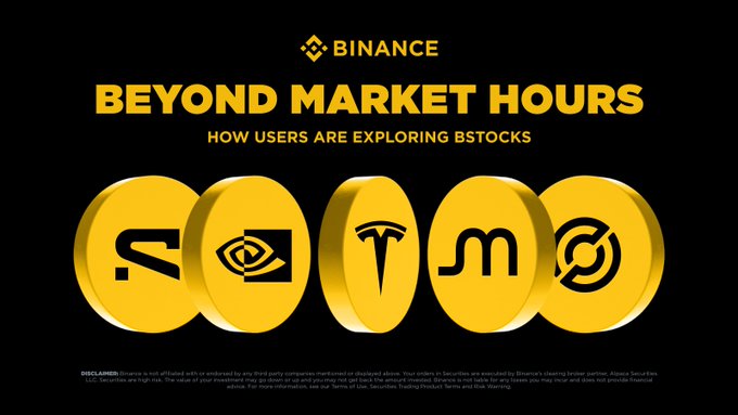 The image is a Binance promotional graphic with the text "BEYOND MARKET HOURS — HOW USERS ARE EXPLORING BSTOCKS" displayed above five golden coin icons representing popular stock tickers (Under Armour/UAA, NVIDIA, Tesla, Meta, and what appears to be Adobe). The accompanying post ties into this visual by highlighting user insights about why crypto traders are drawn to Binance's tokenized stocks, complementing the ad's emphasis on extending market access beyond traditional trading hours.