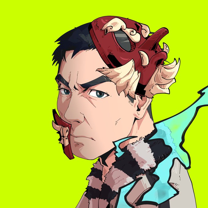 A digital illustration of an anime-style male character with dark hair, wearing a red horned helmet and armor, set against a bright green background.