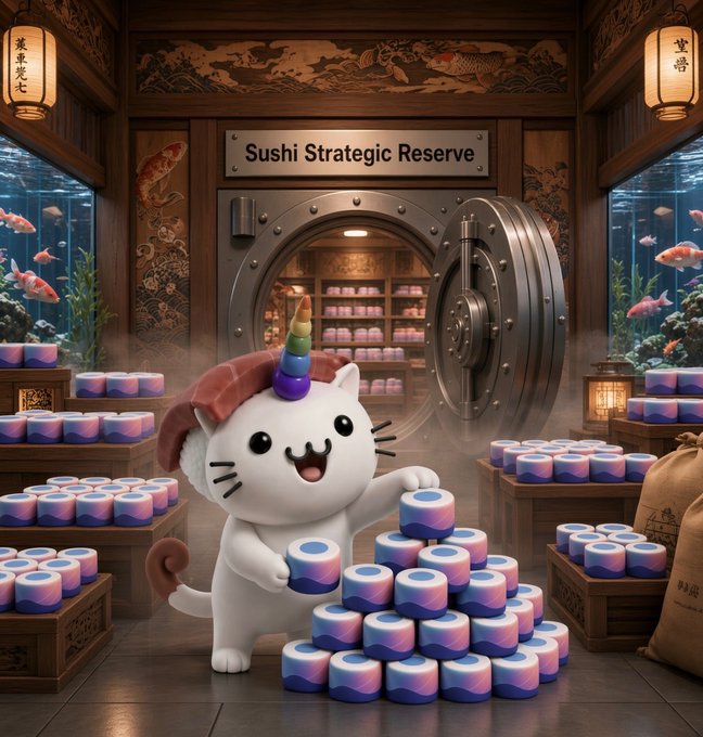 A whimsical digital illustration of a smiling white cat with a rainbow unicorn horn standing in front of a bank vault labeled 'Sushi Strategic Reserve', surrounded by stacks of rainbow-colored sushi rolls.