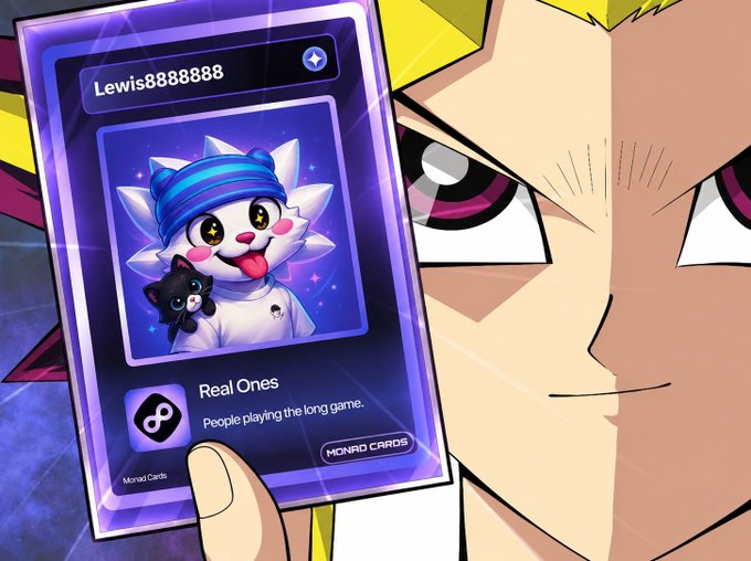 An animated character with pink eyes holds up a digital card labeled 'Lewis888888' from Monad Cards, featuring a cartoon dog mascot and the text 'Real Ones - People playing the long game.'