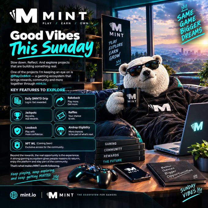 A promotional graphic for MINT titled 'Good Vibes This Sunday' featuring a polar bear in sunglasses, highlighting key features like Daily MNTD Drip, Jackpots, and Airdrop Eligibility.