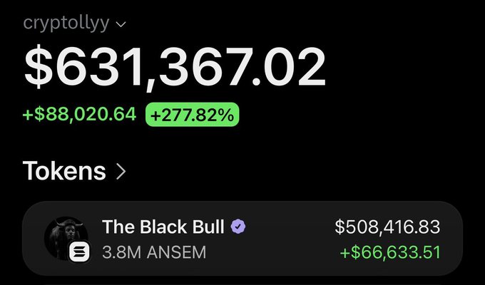 The image shows a crypto portfolio screen for user "cryptollyy" displaying a total balance of $631,367.02 (+$88,020.64 / +277.82%), with a featured token holding called "The Black Bull" valued at $508,416.83 (+$66,633.51) with 3.8M ANSEM tokens. This aligns with the post promoting an ANSEM airdrop on the Solana network, where users are encouraged to comment their wallet addresses to receive free tokens.