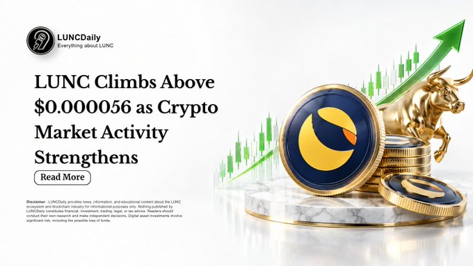 LUNCDaily article headline reading "LUNC Climbs Above $0.0000056 as Crypto Market Activity Strengthens" with a bullish bull and coin graphic.
