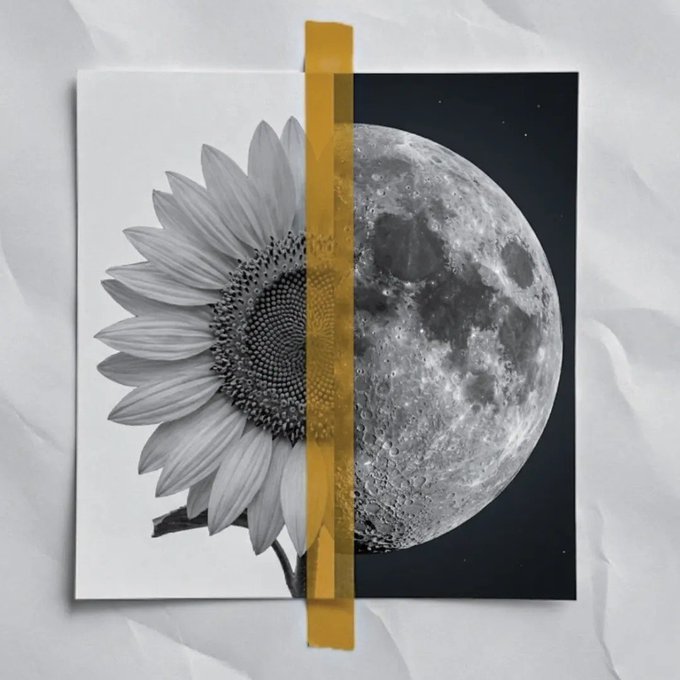 A split-composition image showing a black and white sunflower on the left half and a detailed moon on the right half, divided by a vertical strip of yellow tape, resting on crumpled white paper.