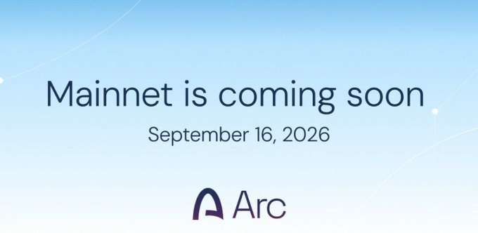 An announcement graphic with a light blue gradient background displaying the text 'Mainnet is coming soon' with a release date of September 16, 2026, alongside the Arc logo.