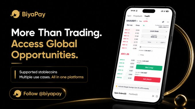 A BiyaPay promotional advertisement with the tagline 'More Than Trading. Access Global Opportunities,' showing a smartphone displaying a XAU/USDT trading interface with Buy/Sell buttons.