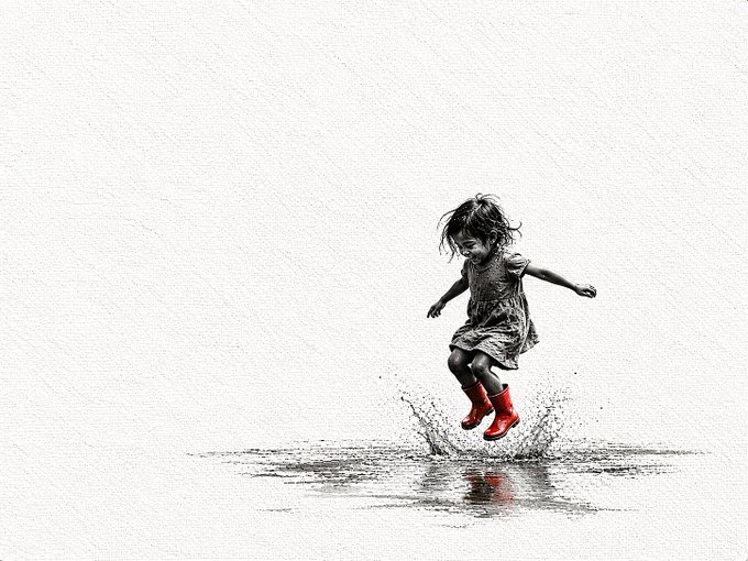 An artistic black-and-white image with selective red coloring showing a young girl in a polka-dot dress splashing in a puddle while wearing bright red rain boots.