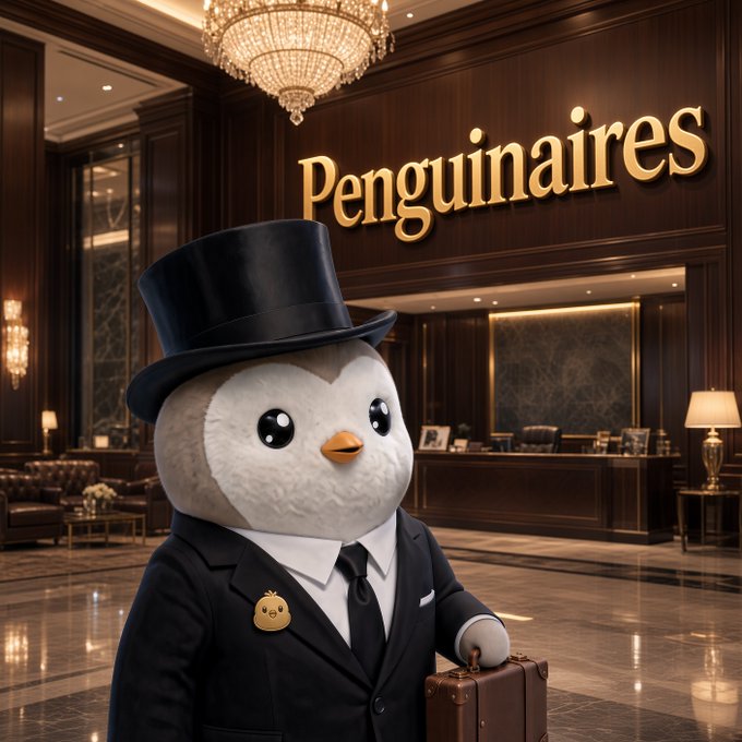 An AI-generated plush penguin character wearing a black top hat, suit, and tie, standing in an elegant hotel lobby under a 'Penguinaires' sign.