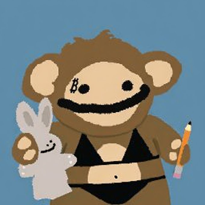 A cartoon-style image of a brown bear character with a Bitcoin (₿) symbol on its forehead, wearing a bikini top, holding a white bunny and a pencil, on a blue background.