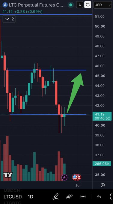 A daily candlestick chart of LTC Perpetual Futures (LTCUSDT) on TradingView shows Litecoin consolidating near $41.12 (range lows), with a green arrow indicating an anticipated bounce toward range highs around $45.65, supported by long lower wicks signaling buyer defense.