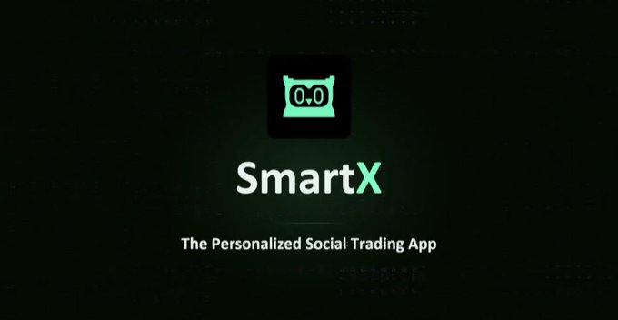 A promotional graphic for 'SmartX - The Personalized Social Trading App' displaying a green scale icon with '0.0' on a dark background.