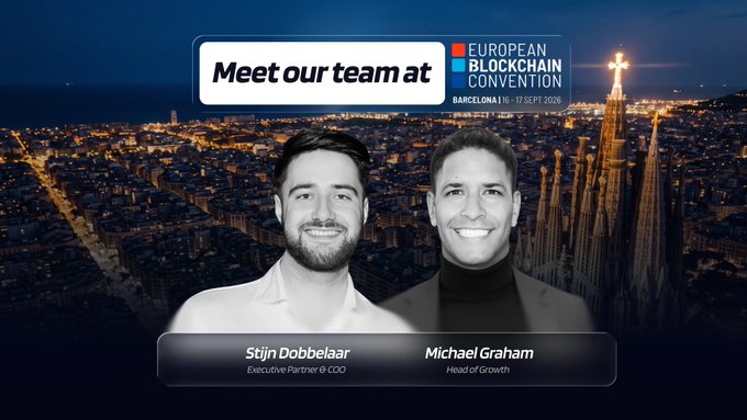 Cryptic promotes their attendance at the European Blockchain Convention in Barcelona (Sept 16–17, 2026), featuring black-and-white headshots of Executive Partner & COO Stijn Dobbelaar and Head of Growth Michael Graham set against a twilight Barcelona skyline with the Sagrada Família illuminated.