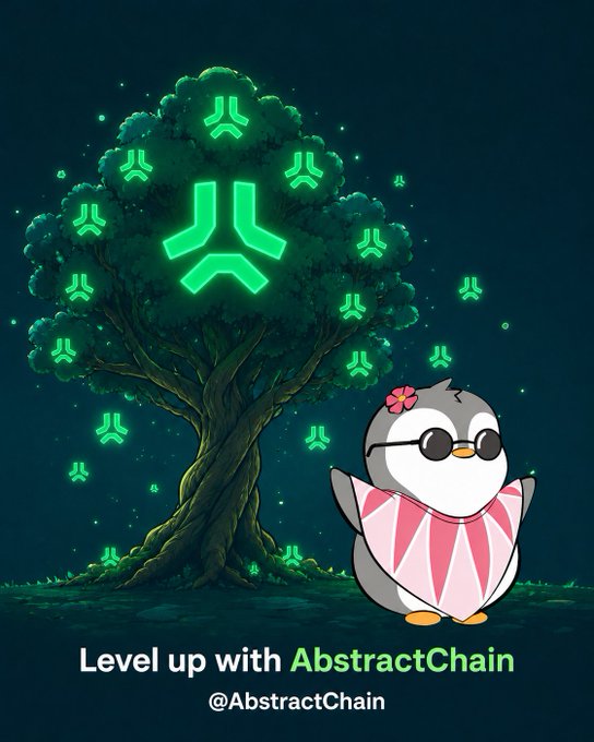 An AbstractChain promotional image showing a cartoon penguin with a pink flower beside a glowing green tree with the AbstractChain logo, captioned 'Level up with AbstractChain @AbstractChain'.