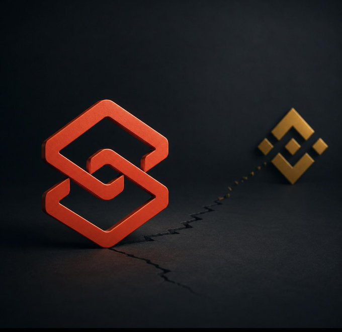 A stylized 3D render featuring a red angular logo on the left and a gold Binance logo in the distance on a dark background with a cracked floor.