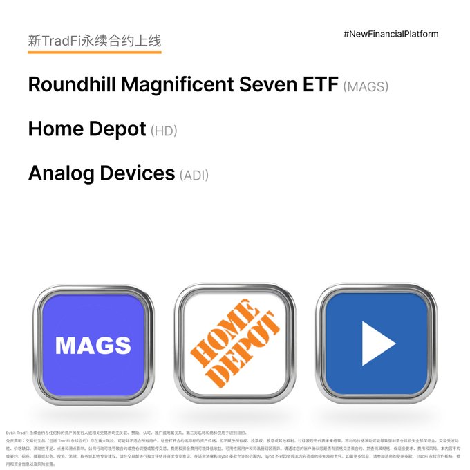 NewTradFi promotional graphic titled "Roundhill Magnificent Seven ETF (MAGS)" mentioning Home Depot (HD) and Analog Devices (ADI), with three app icons labeled MAGS, HOME DEPOT, and a play button symbol.