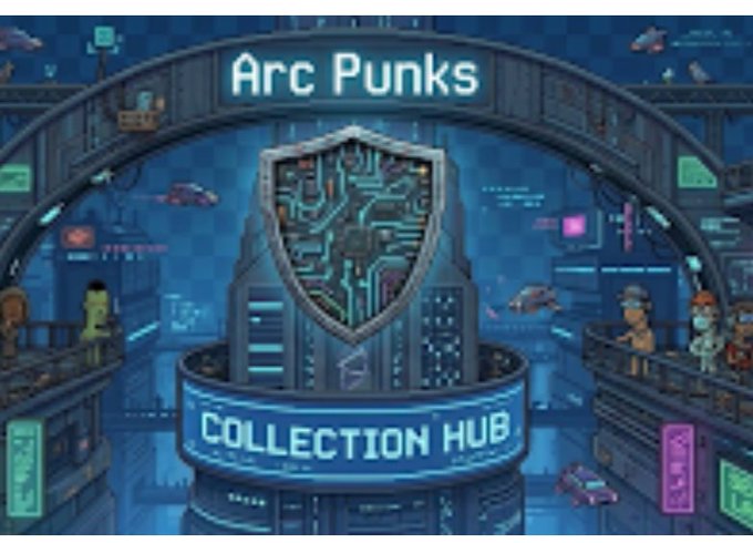 A pixel art image of a futuristic city hub with the text 'Arc Punks' at the top and 'COLLECTION HUB' on a central cylindrical structure, featuring a shield emblem and various small characters.