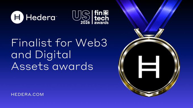 A promotional graphic showing Hedera as a finalist for Web3 and Digital Assets awards at the US FinTech Awards 2026, featuring a gold medal with the Hedera 'H' logo.