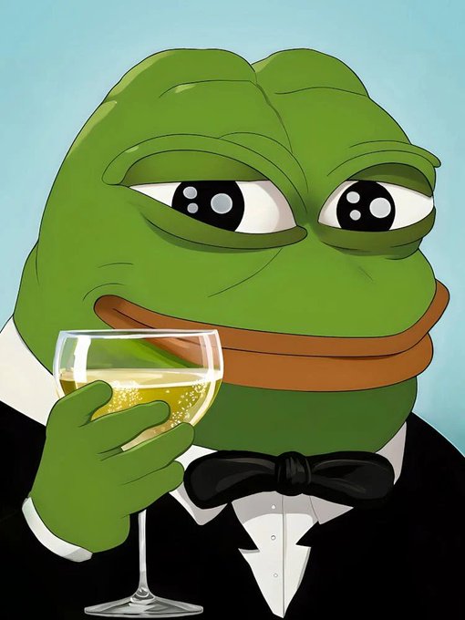 The image features a cartoon frog wearing a suit, tie, and bowtie holding a glass of wine. The frog appears to be dressed for a formal event or party, as indicated by its attire. The background of the image is blue with white text that reads "Study the hedge against BTC". This suggests that there might be some connection between the frog's outfit and Bitcoin, possibly indicating an artistic interpretation or a reference to a popular meme or trend related to Bitcoin.