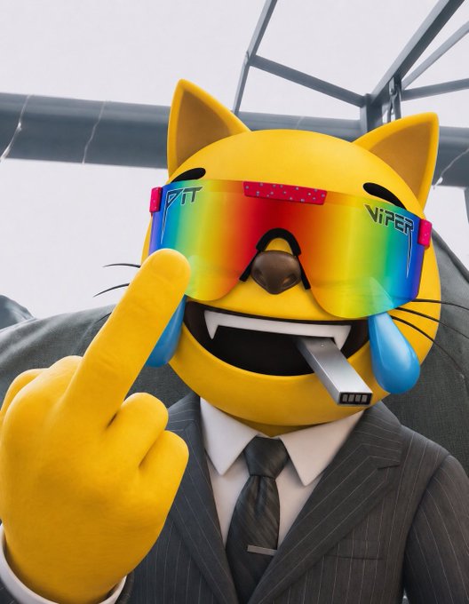 An Animoji-style yellow cat character wearing rainbow sunglasses branded 'VIPER' and a business suit, with a cigarette in its mouth and flipping the middle finger.