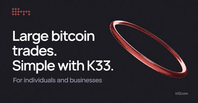 An advertisement with a dark background displays a red metallic ring and the text 'K33 Large bitcoin trades. Simple with K33. For individuals and businesses' along with the URL 'k33.com'.