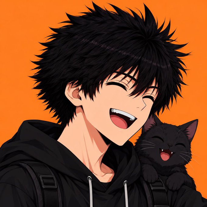An anime-style illustration of a laughing young man with spiky black hair and a small black cat peeking over his shoulder against an orange background.