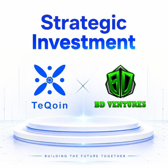 A promotional graphic titled 'Strategic Investment' shows a partnership between 'TeQoin' (blue flower-like logo) and 'BD VENTURES' (green shield logo) above the tagline 'BUILDING THE FUTURE TOGETHER.'