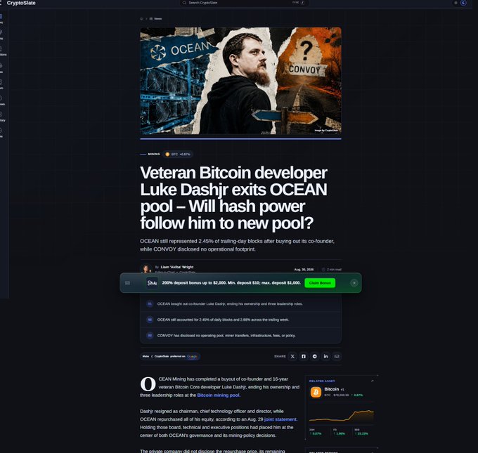 A CryptoSlate news article titled 'Veteran Bitcoin developer Luke Dashjr exits OCEAN pool — Will hash power follow him to new pool?', featuring an image of a man between OCEAN and CONVO logos and summarizing his departure.