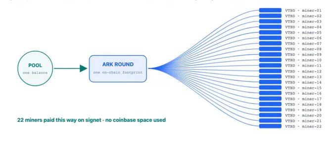 Diagram showing a 'POOL' with 'one balance' feeding into an 'ARK ROUND' with 'one on-chain footprint', which then distributes to 22 miners (VTXO · miner-01 through miner-22), with text noting '22 miners paid this way on signet - no coinbase space used'.