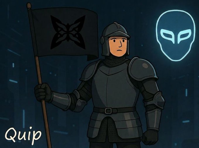 A cartoon knight in armor holds a black flag beside a glowing blue mask, with "Quip" written in the corner. The image visually represents the post's theme of Quip Network's quantum-resistant security, using the masked figure and armored guard as symbols of advanced, futuristic protection against quantum threats.
