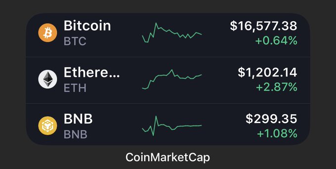 CoinMarketCap price widget displaying Bitcoin (BTC) at $16,577.38 (+0.64%), Ethereum (ETH) at $1,202.14 (+2.87%), and BNB at $299.35 (+1.08%).